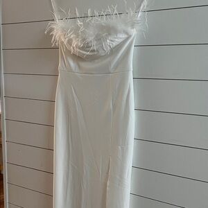 Lulus Elegant White Feather-Trimmed Dress with left slit